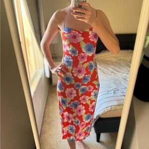 Bershka Red Floral Cut-Out Midi Dress | Size S